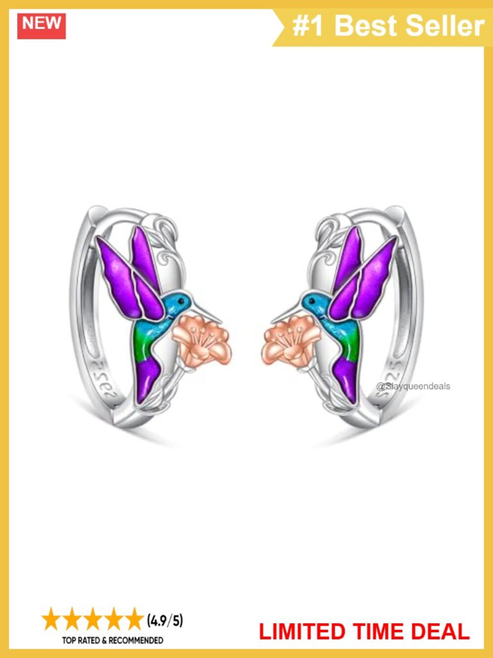 925 Sterling Silver Hummingbird Dangle Hoop Earrings